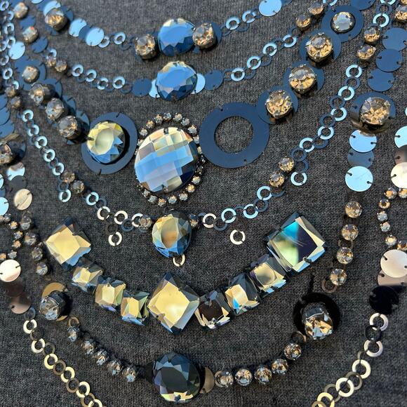 Tory Burch Cashmere Beaded Necklace Sweater Gray Grey Jewels XS Holiday Festive - Picture 6 of 9